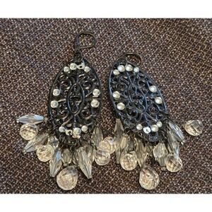 Black Filigree Chandelier Earrings Clear Faceted Bead Rhinestone Lever Back Goth